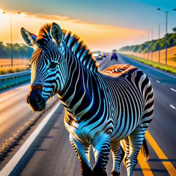 Picture of a zebra in a vest on the highway