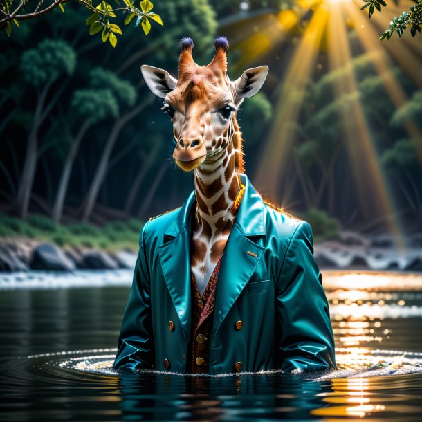 Pic of a giraffe in a coat in the water