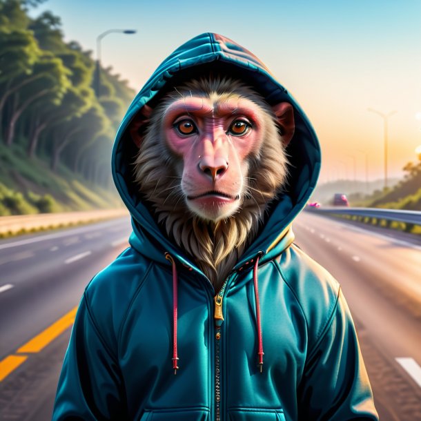 Picture of a baboon in a hoodie on the highway