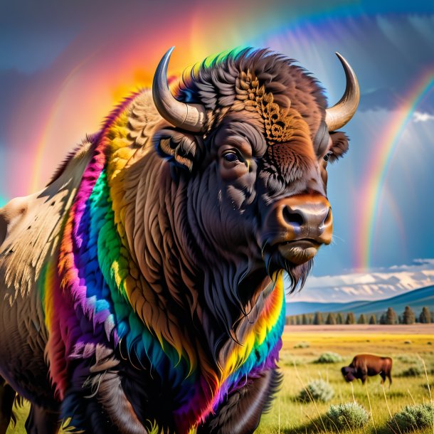 Pic of a bison in a coat on the rainbow