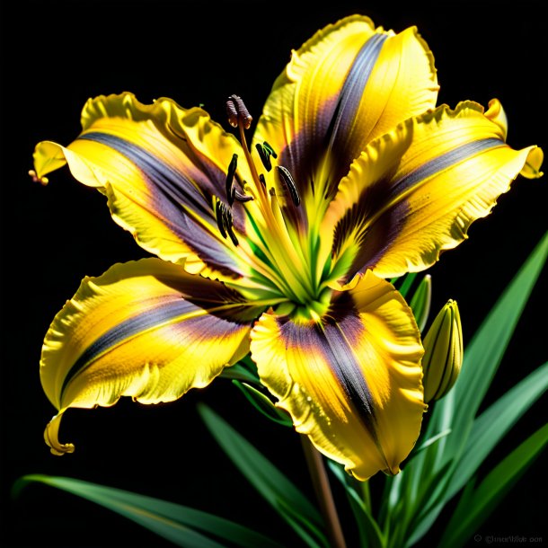 "photography of a charcoal daylily, yellow"