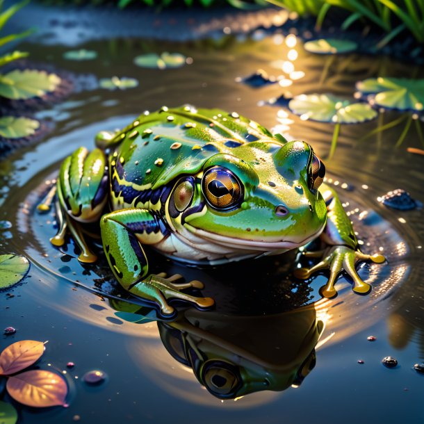 Image of a swimming of a frog in the puddle