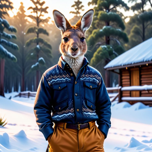 Photo of a kangaroo in a trousers in the snow