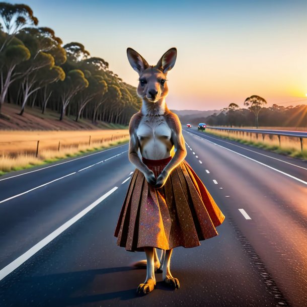 Pic of a kangaroo in a skirt on the highway