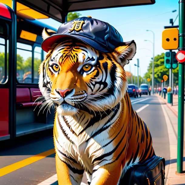 Foto de um tigre em um boné no ponto de ônibus