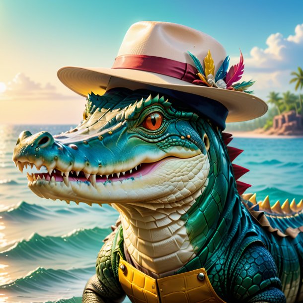 Picture of a crocodile in a hat in the sea