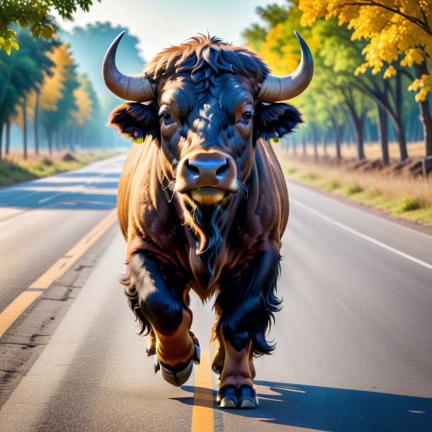 Retrato de um búfalo em uma calça na estrada