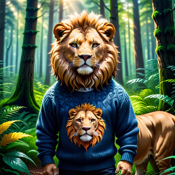 Image of a lion in a sweater in the forest