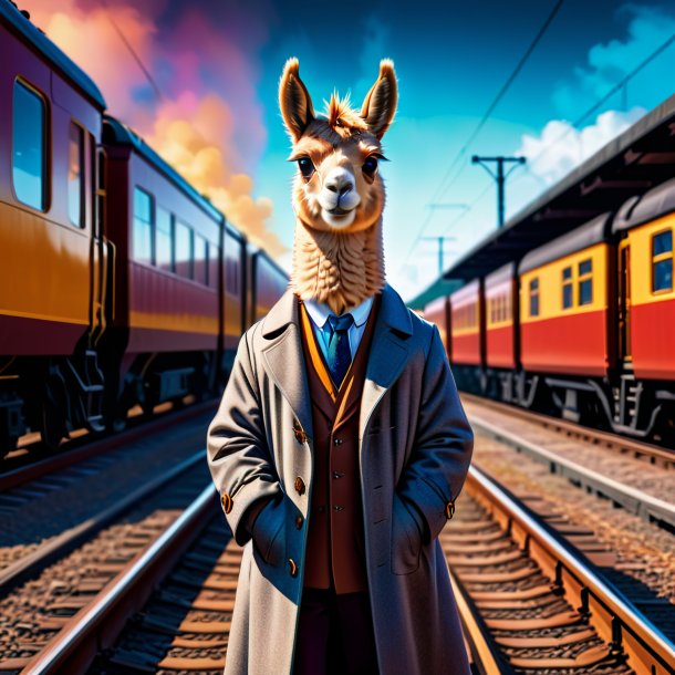 Illustration of a llama in a coat on the railway tracks