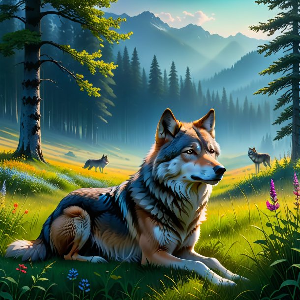 Image of a waiting of a wolf in the meadow