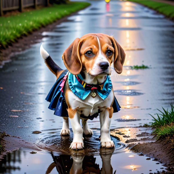 Image d'une beagle dans une jupe dans la flaque