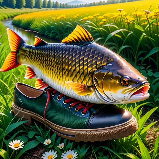 Picture of a carp in a shoes in the meadow