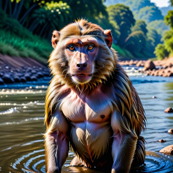 Image of a baboon in a belt in the river