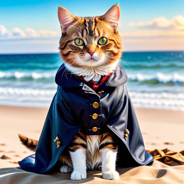Image of a cat in a coat on the beach