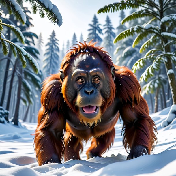 Image of a swimming of a orangutan in the snow