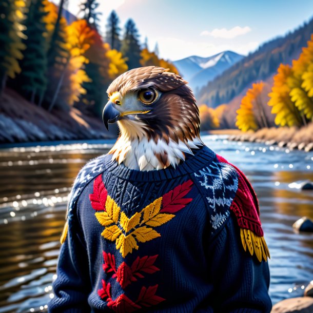 Foto de un halcón en un suéter en el río