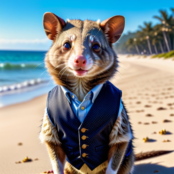 Image of a possum in a vest on the beach