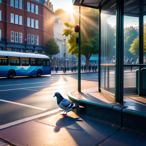 Imagem de uma natação de um pombo na parada de ônibus