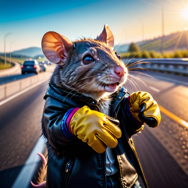 Photo of a rat in a gloves on the highway