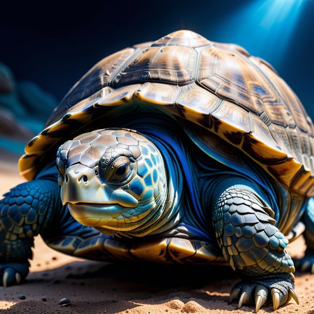 Photo of a tortoise in a blue belt