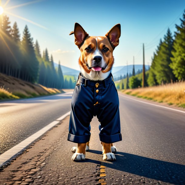 Picture of a dog in a trousers on the road