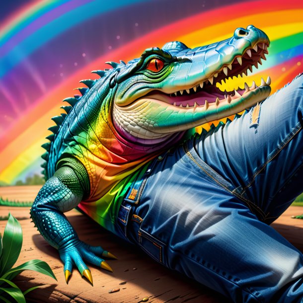 Drawing of a crocodile in a jeans on the rainbow