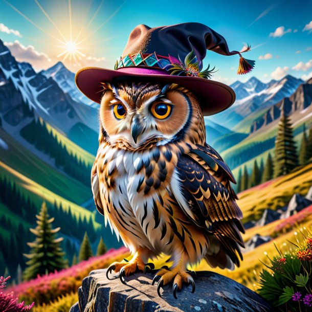 Image of a owl in a hat in the mountains