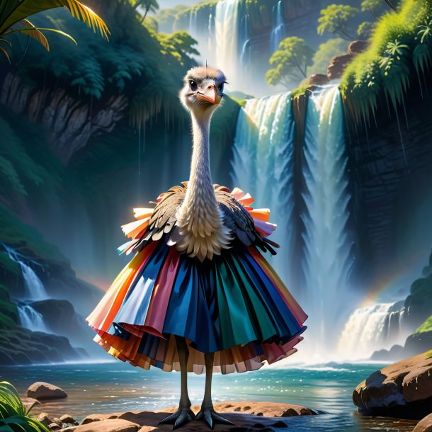 Illustration of a ostrich in a skirt in the waterfall