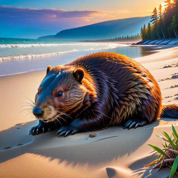 Image of a sleeping of a beaver on the beach