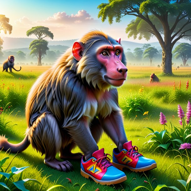 Picture of a baboon in a shoes in the meadow