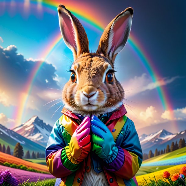 Photo of a hare in a gloves on the rainbow