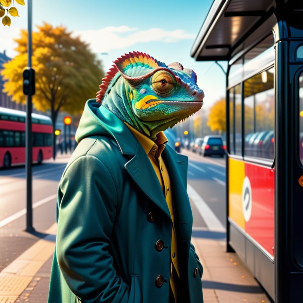 Image of a chameleon in a coat on the bus stop