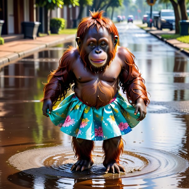 Picture of a orangutan in a skirt in the puddle