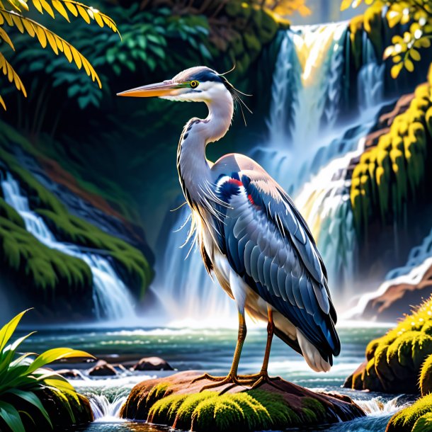 Picture of a heron in a sweater in the waterfall