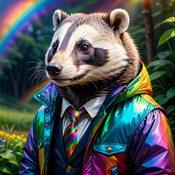 Drawing of a badger in a jacket on the rainbow