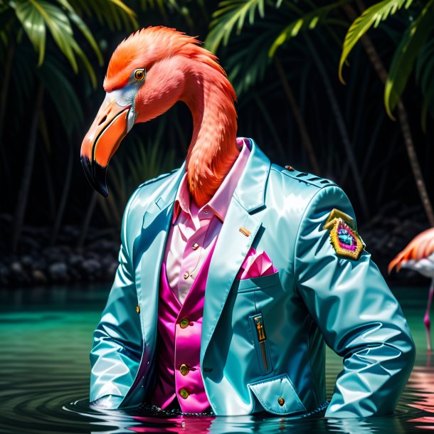 Imagem de um flamingo em uma jaqueta na água