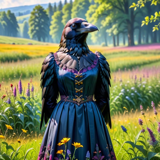 Picture of a crow in a dress in the meadow