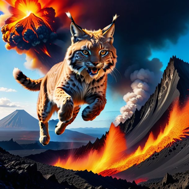 Photo of a jumping of a lynx in the volcano