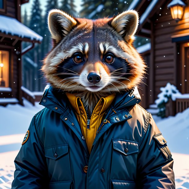 Picture of a raccoon in a jacket in the snow