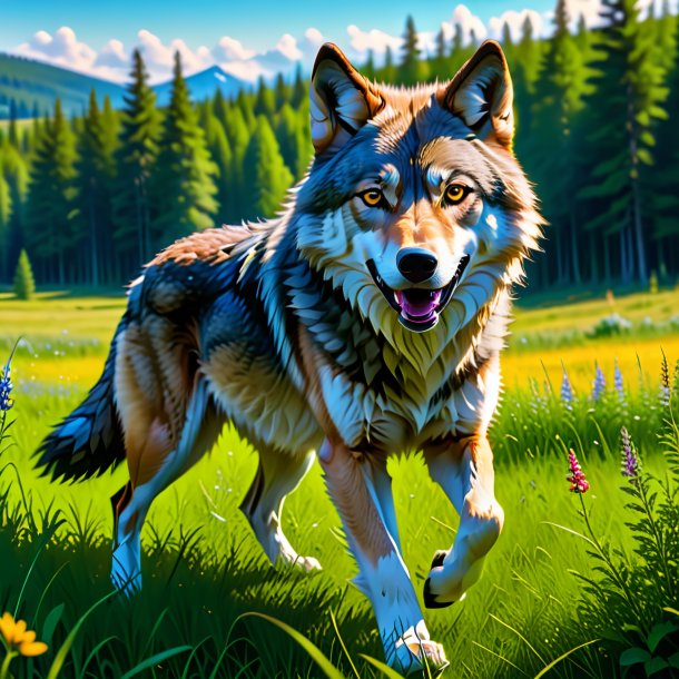 Image of a playing of a wolf in the meadow