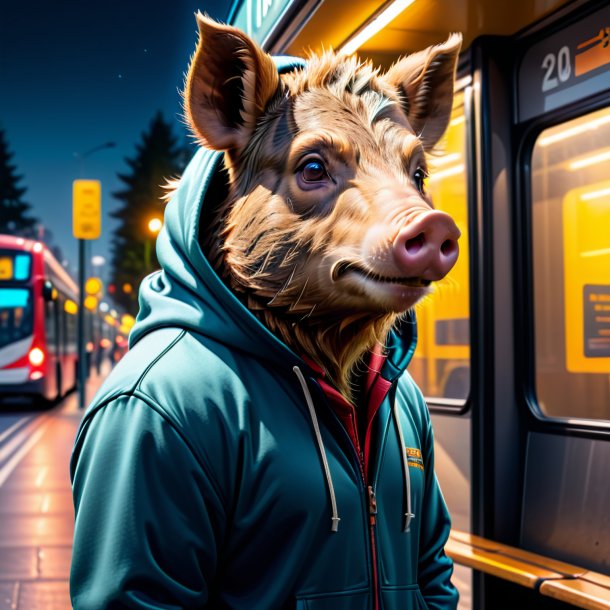 Pic of a boar in a hoodie on the bus stop