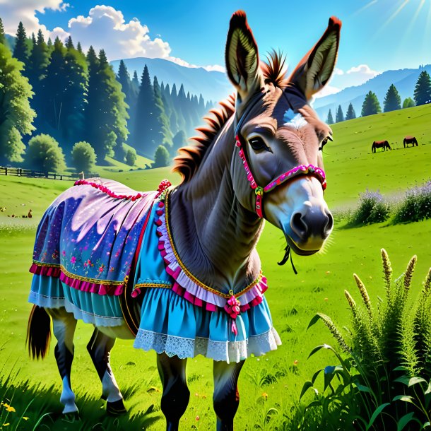 Imagem de um burro em um vestido no prado