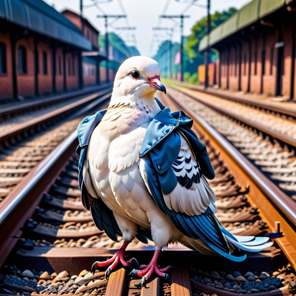 Image of a dove in a jacket on the railway tracks