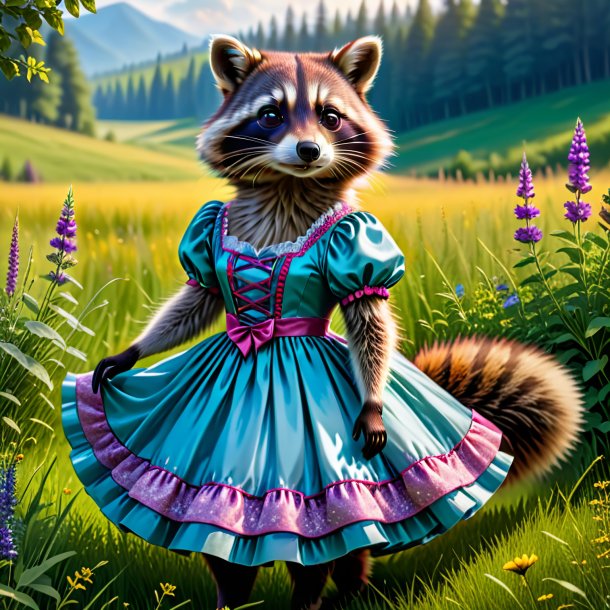 Picture of a raccoon in a dress in the meadow