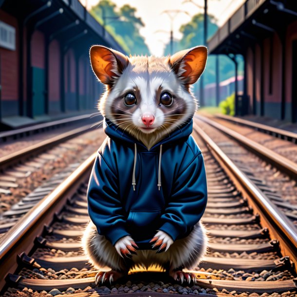 Foto de una zarigüeya en una sudadera con capucha en las vías del tren