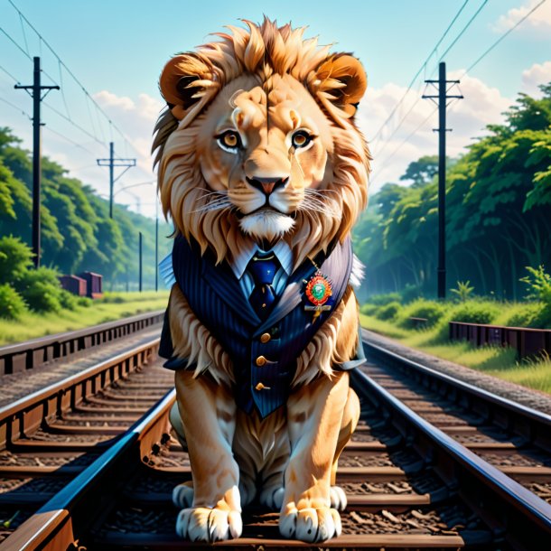 Illustration of a lion in a vest on the railway tracks