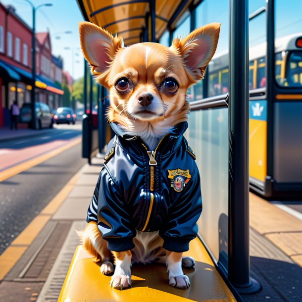 Ilustración de un chihuahua en un pantalón en la parada de autobús