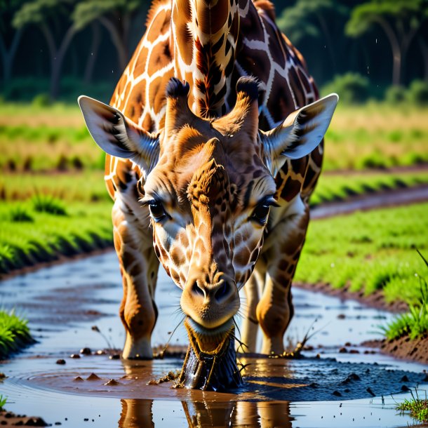 Pic of a angry of a giraffe in the puddle