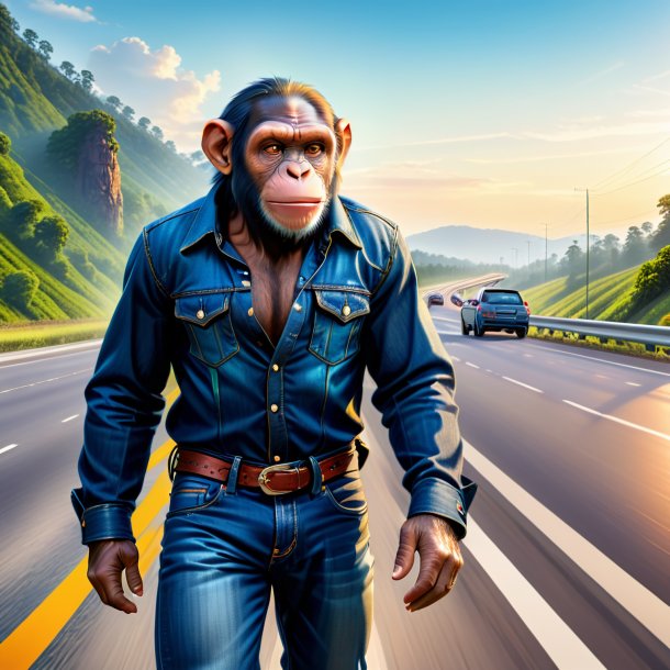 Ilustração de um chimpanzé em um jeans na estrada