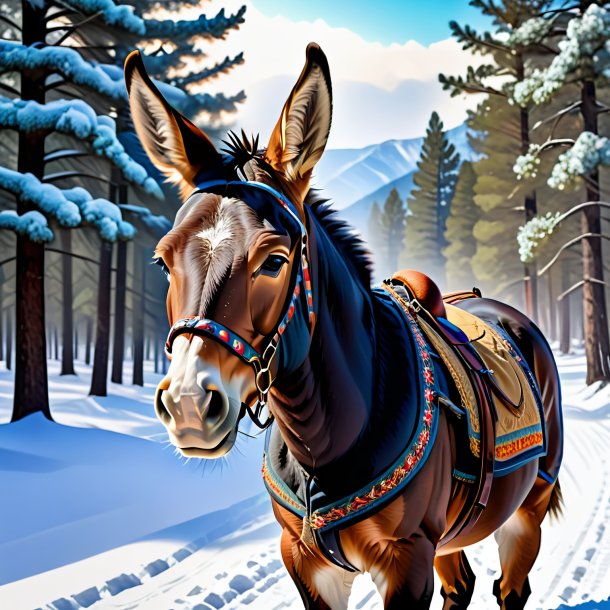 Picture of a mule in a vest in the snow